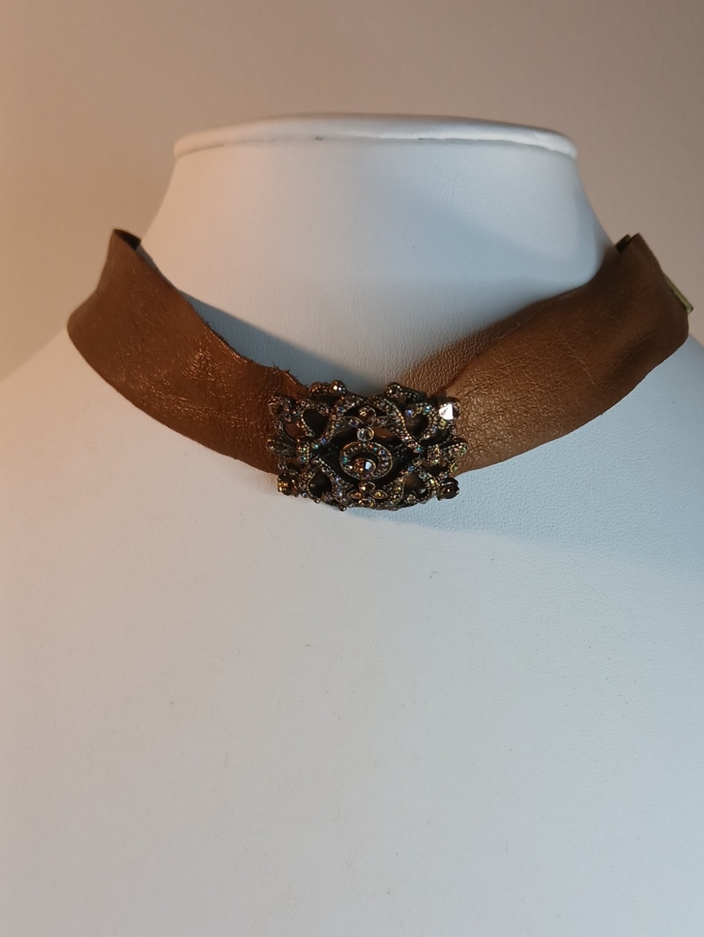 Brown Leather Choker Necklace with Ornate Bronze Accent